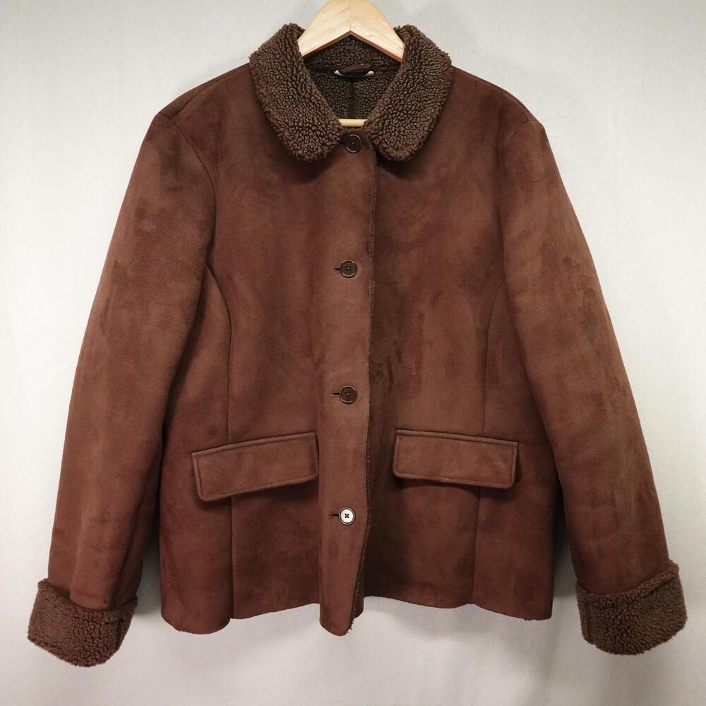Lands End Faux Suede Jacket Womens XL Brown Sherpa Fleece Lined Button Front